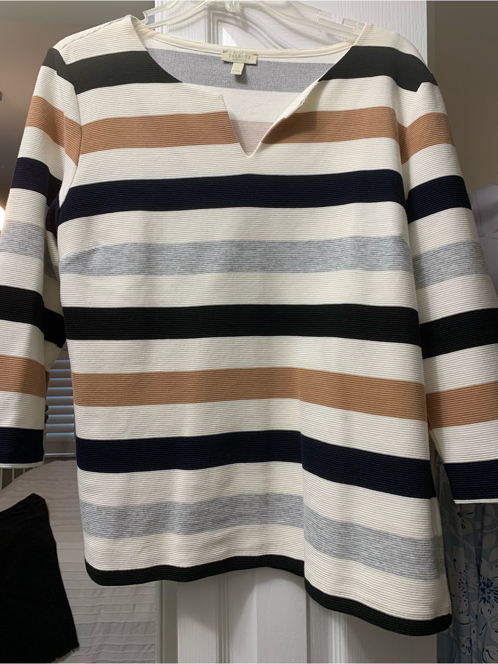 Three Talbots V-Neck women’s tops in cream/tan/black stripes; pink and blue